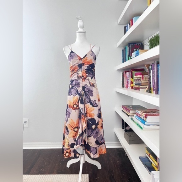 O.P.T. For Anthropologie Purple & Peach Floral Ruched Midi Dress size S - Picture 1 of 14